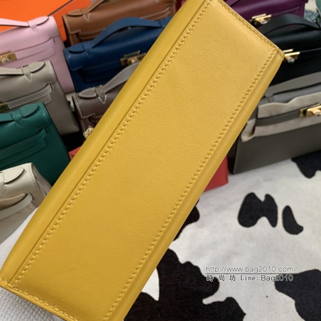 Hermes凱利女包 愛馬仕Minikelly pochette一代 原廠進口swift皮 半手工蠟線 琥珀黃 金銀扣  tdh2269